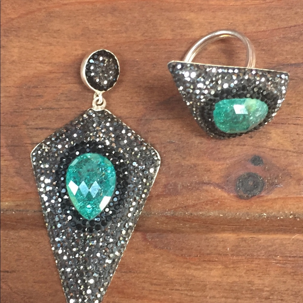 Sale on set Green Druzy Pendant and Ring 925